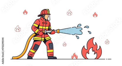Illustration of a Firefighter Extinguishing Flames with Water from a Fire Hose