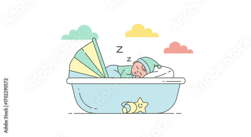 Illustration of a sleeping baby in a cradle with clouds, perfect for design or concept