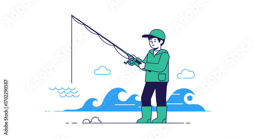 Illustration of a fisherman fishing with a rod and reel near the sea minimalist design