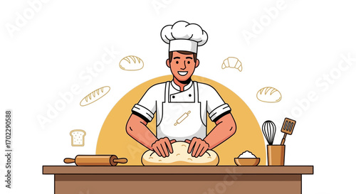 Illustration of a smiling baker kneading dough on a wooden table in a kitchen background