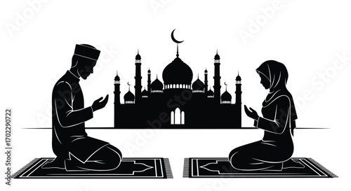 Vector art of muslim couple praying in front of mosque