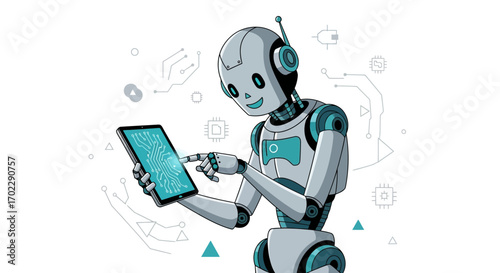 Illustration of a Friendly Robot Interacting with a Tablet Interface, Technology
