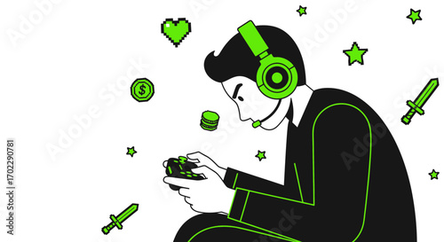 Illustration of a Gamer Playing a Video Game with Controller and Pixelated Elements