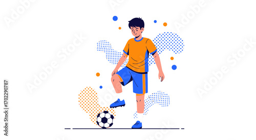 Illustration of a soccer player controlling the ball with his foot in a graphic style