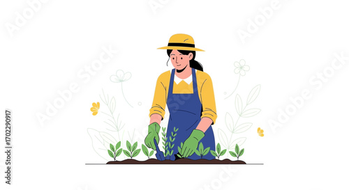 Illustration of a Gardener Planting in a Garden with Plants and Flowers Around Her