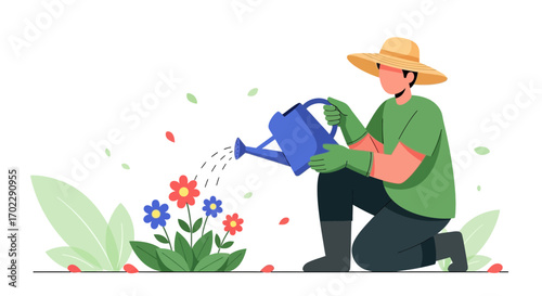 Illustration of a Gardener Watering Colorful Flowers in a Beautiful Garden