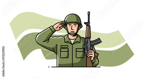 Illustration of a soldier saluting with a rifle, concept of military and army