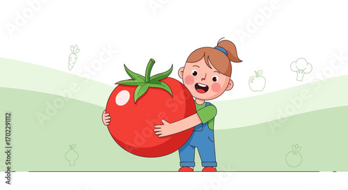 Illustration of a Girl Holding Giant Tomato, Concept of Healthy Food, Farm and Harvest