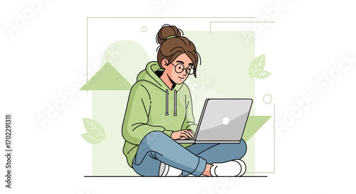 Illustration of a girl using a laptop while sitting on the floor for work