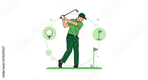 Illustration of a golfer in action swinging a golf club on a green course