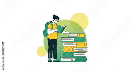 Illustration of a student reading a book next to a stack of books, education concept