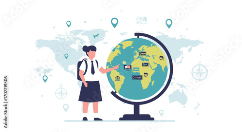 Illustration of a student using a globe to learn about different countries and regions on the planet