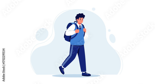 Illustration of a student walking to school with backpack and uniform ready for learning time