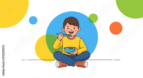 Illustration of a happy boy eating breakfast cereal while sitting and smiling