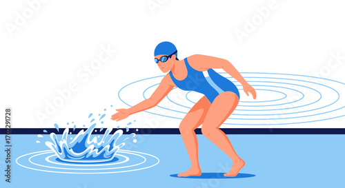 Illustration of a Swimmer Creating a Splash in a Swimming Pool with Water Ripples