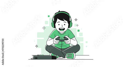 Illustration of a happy gamer enjoying his video game session with a controller in hand
