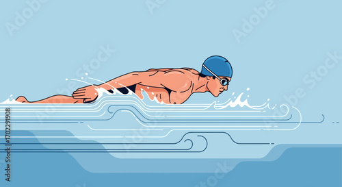 Illustration of a swimmer swimming in the water using the butterfly stroke to win a race