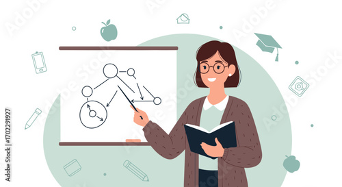 Illustration of a teacher explaining a diagram on a whiteboard during a lesson