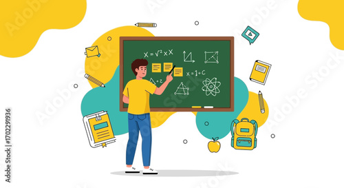 Illustration of a teacher explaining a math problem on a chalkboard for education