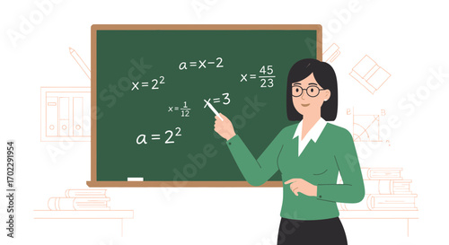 Illustration of a teacher explaining math equations on a chalkboard in the classroom setting