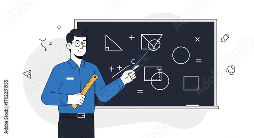 Illustration of a Teacher Explaining Geometry Concepts on a Blackboard during a Lesson