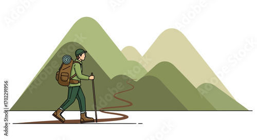 Illustration of a hiker exploring a mountain trail, perfect for outdoor adventure concepts
