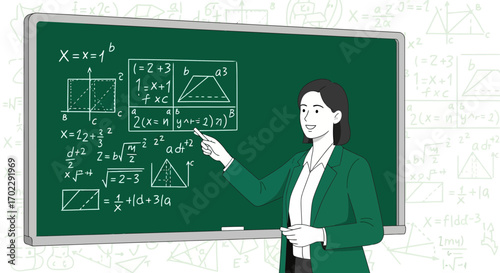 Illustration of a teacher explaining mathematical equations on a chalkboard in a classroom