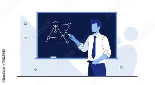 Illustration of a teacher explaining mathematics on a blackboard in a classroom environment