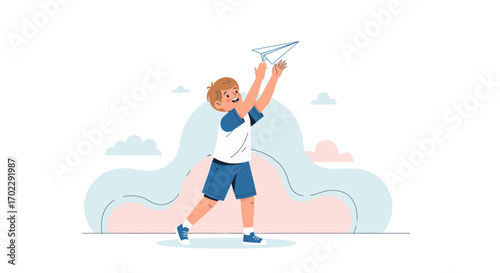 Illustration of a joyful boy throwing a paper airplane on a vibrant background