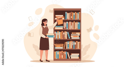 Illustration of a librarian arranging books on the shelf in a library or bookstore setting