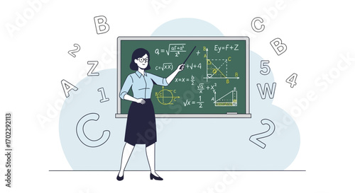 Illustration of a teacher teaching math with equations on a chalkboard