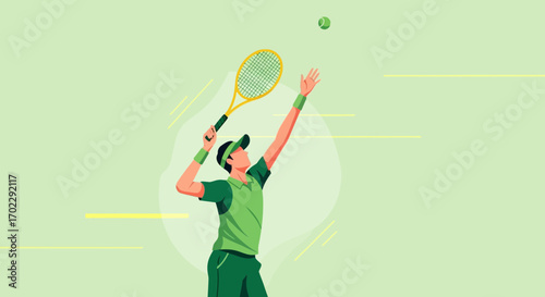 Illustration of a tennis player serving the ball in action on a green background