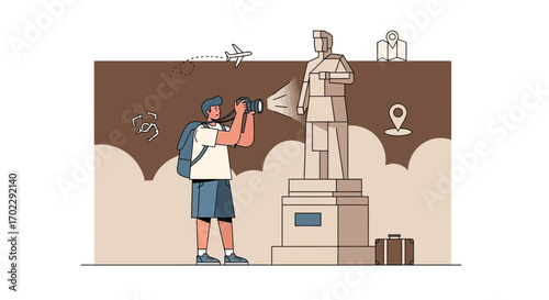 Illustration of a Tourist Photographing a Statue and Traveling to a New Destination