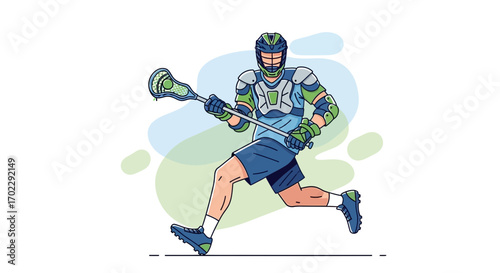 Illustration of a lacrosse player running with the ball  ready to score a goal