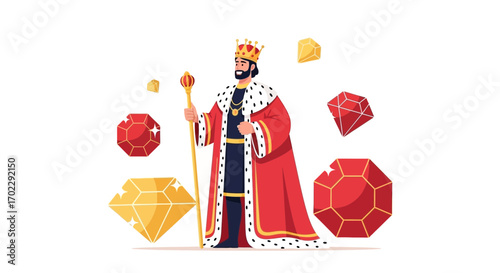 Illustration of a king with crown and scepter surrounded by gems in flat design style