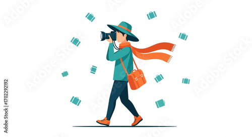 Illustration of a travel photographer with camera taking photos during a trip, vacation