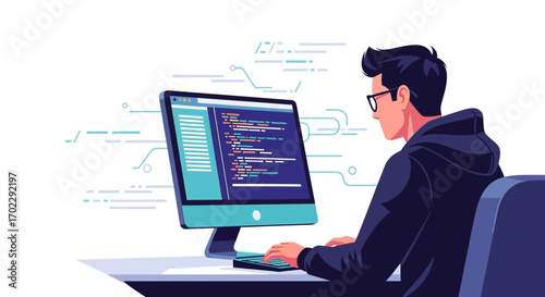 Illustration Of A Male Programmer Working On A Computer Writing Code In A Simple Style