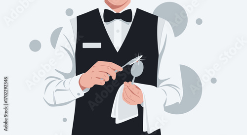 Illustration of a waiter cleaning silverware in a restaurant or dining setting