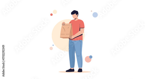 Illustration of a man carrying a paper bag possibly containing food for delivery or takeout