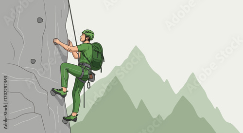 Illustration of a man climbing a rock face with mountains in the background