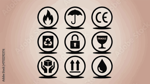 Nine black and white shipping symbols on a textured background fire umbrella