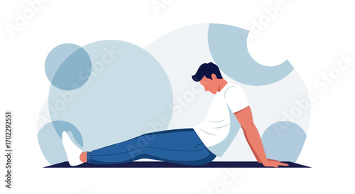 Illustration of a man doing stretching exercises on a mat in a minimalist style
