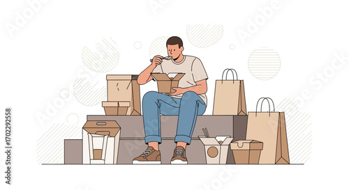 Illustration of a man eating takeout food with bags and boxes around him, minimalist design