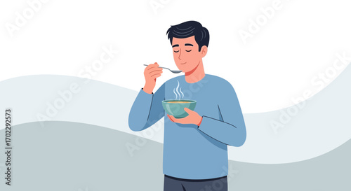 Illustration of a man enjoying a bowl of soup and savoring the appetizing aroma