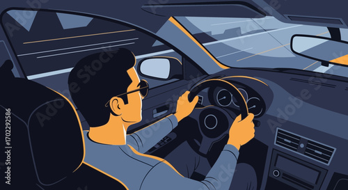 Illustration of a Man Driving a Car at Night Depicting Transportation Concept