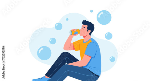 Illustration of a Man Drinking from a Can with Bubbles, Flat Vector Design