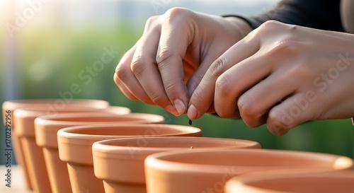 Hands sowing tiny seeds into flowerpots for spring garden preparations
