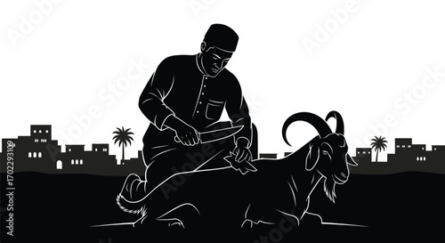 Vector art of muslim man preparing to sacrifice a goat during eid aladha
