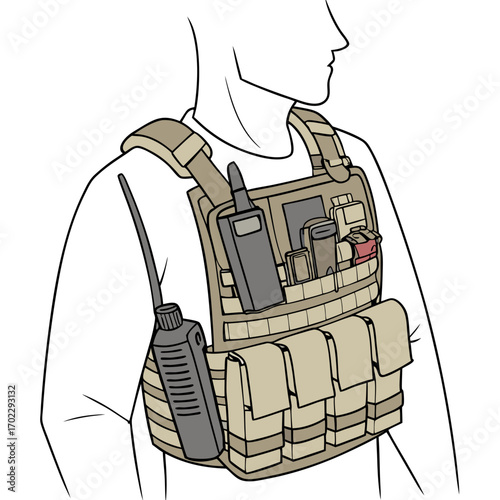 Tan Tactical Vest with Multiple Pouches and Radio