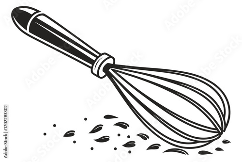 Black and white illustration of a whisk with scattered ingredients